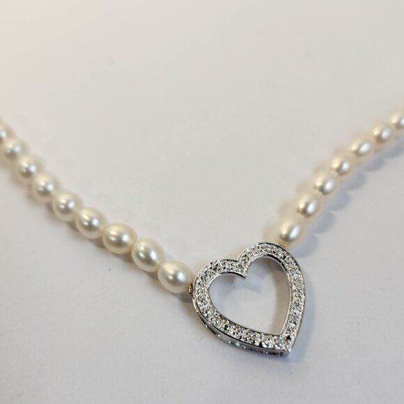 VTG NIB 925 Freshwater Pearl & Pave style Heart Necklace 18" - Picture 7 of 12